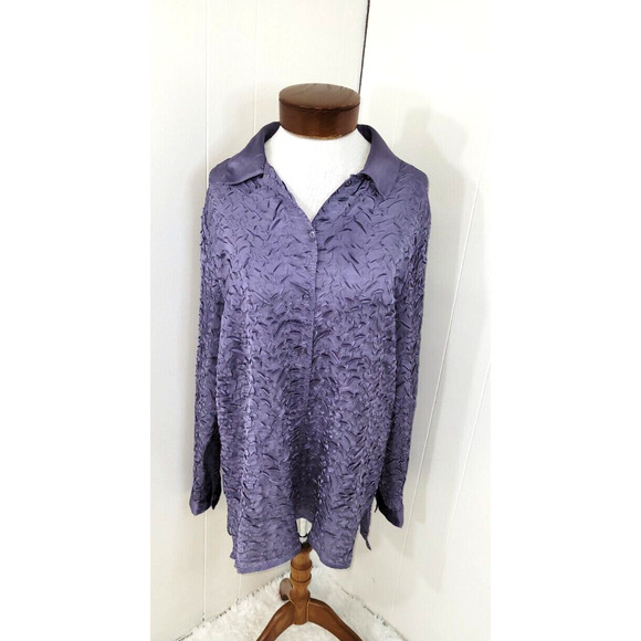 Chico's Size 1 Purple Wrinkled Textured Collared Button Up Long Sleeve Blouse - Picture 1 of 8